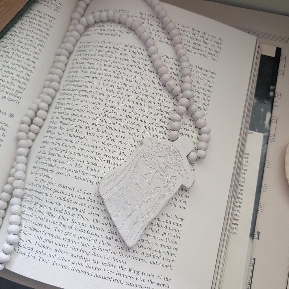 White Wooden Beaded Jesus Necklace